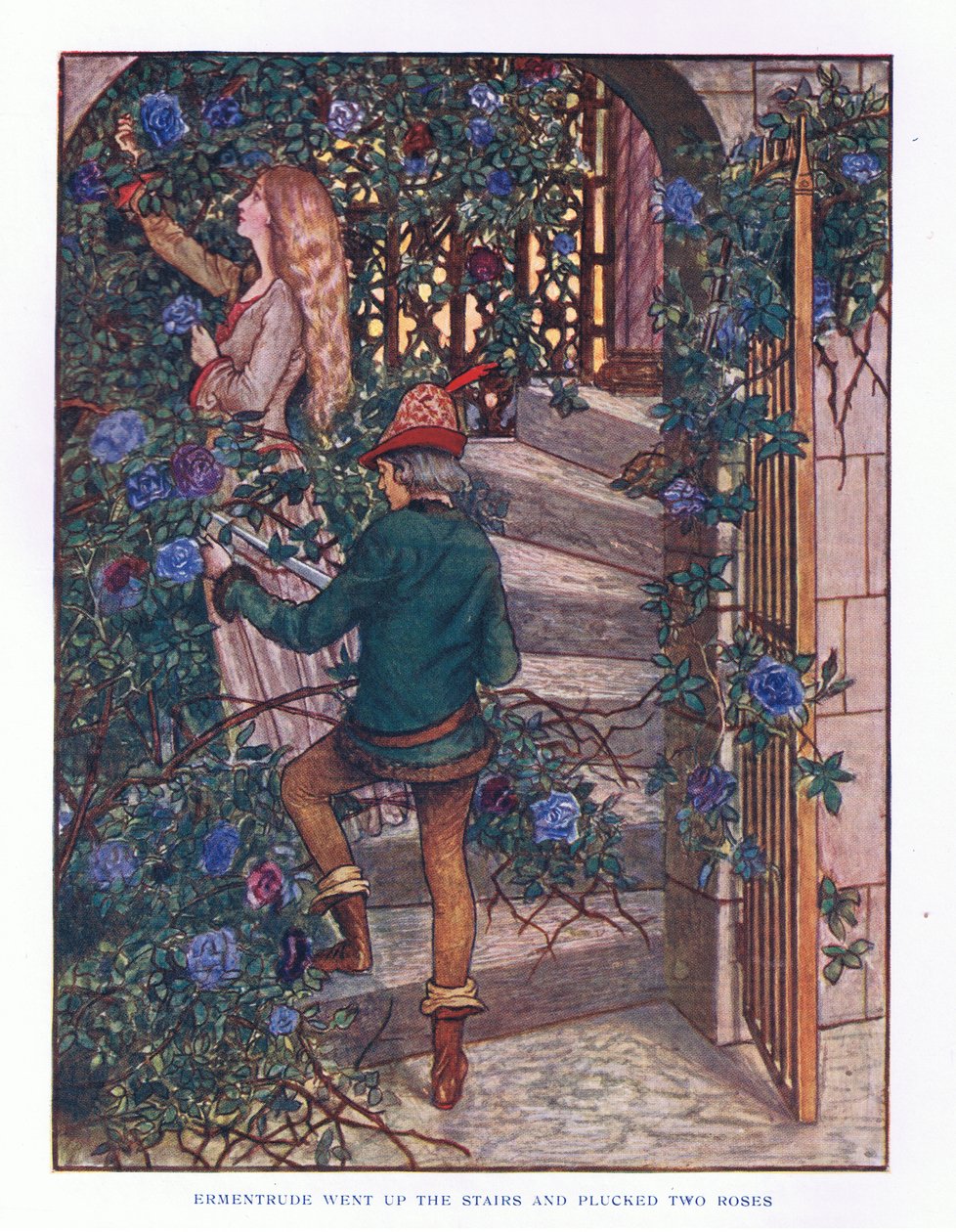 Ermentrude subió las escaleras y recogió las rosas, ilustración de Los Cuentos de Hadas de Lady Ann, 1914 de Maud Tindal Atkinson