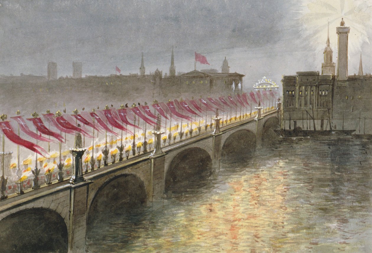 Vista del Puente de Londres en la noche de la llegada de la Princesa Alexandra de Dinamarca, 1863 de Maul