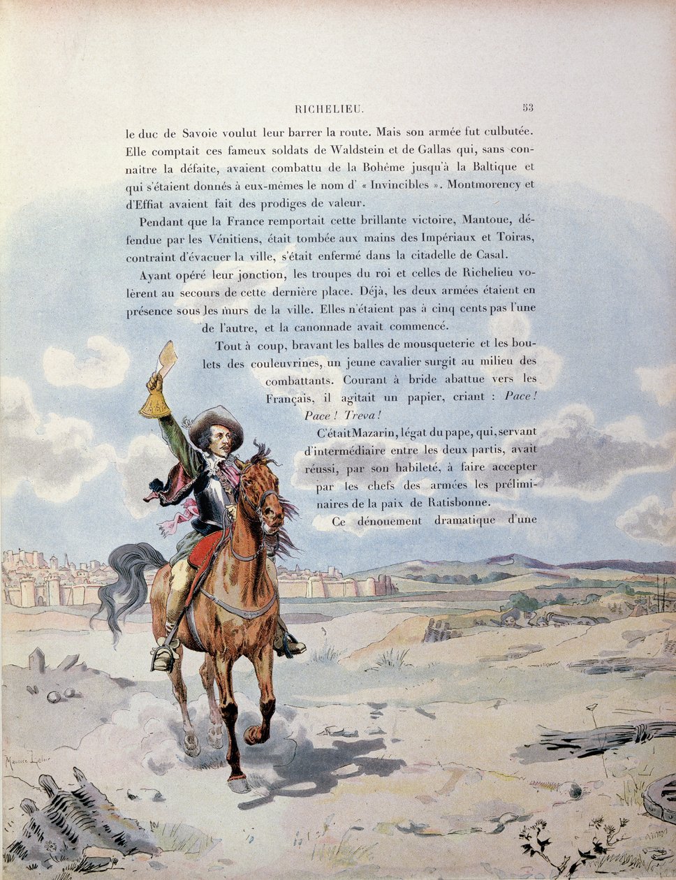 Momento de intervención del legado papal, Giulio Mazarini, entre las tropas españolas y papales enfrentándose al ejército francés en el sitio de Casal, norte de Italia, ilustración de la vida de Maurice Leloir