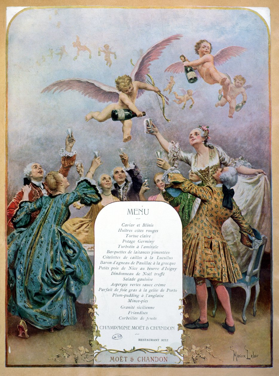 Menú del restaurante Ritz, que representa a un grupo de hombres y mujeres elegantes del siglo XVIII bebiendo champán servido por querubines, 1910 de Maurice Leloir