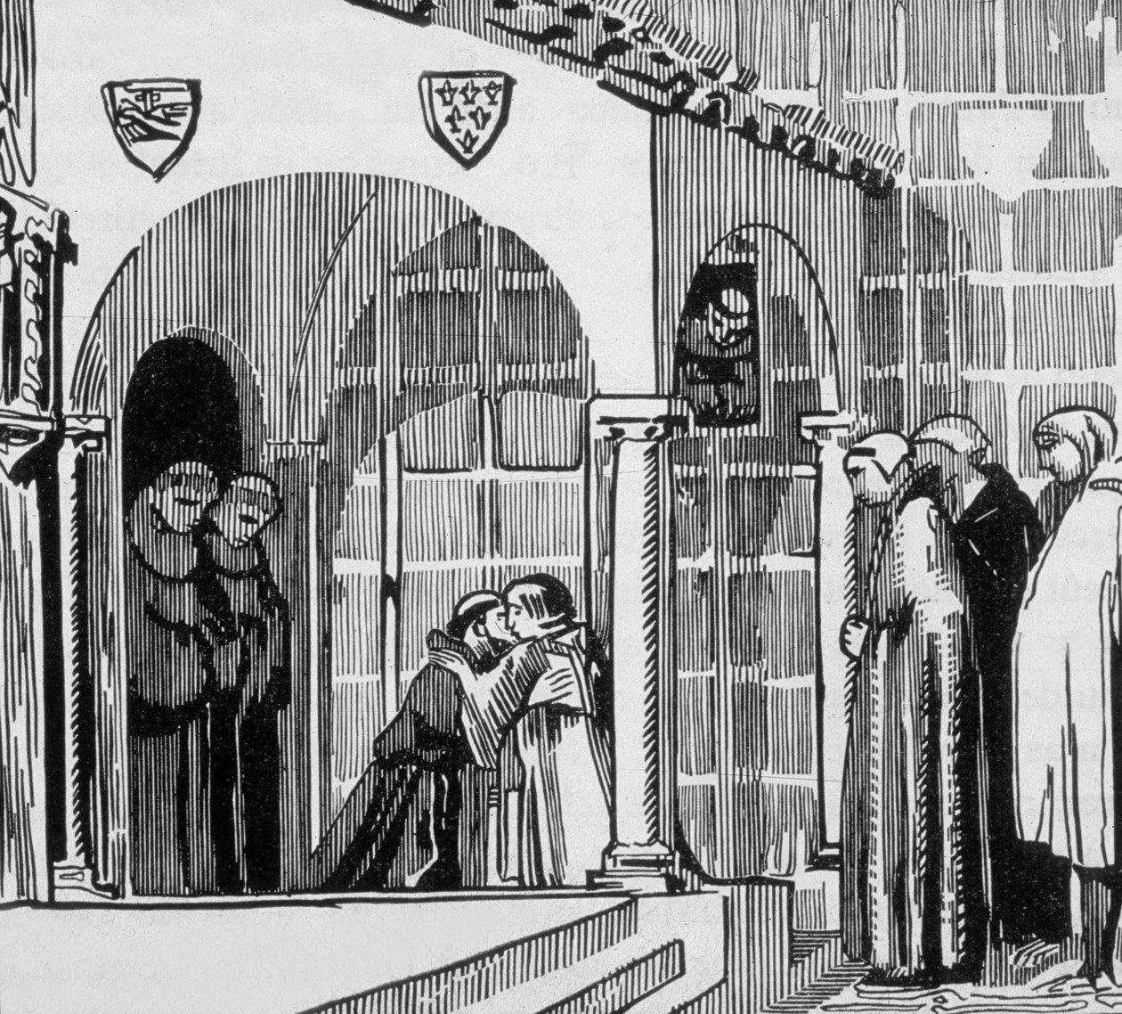 El rey francés San Luis (Luis IX 1214-1270) como peregrino visitando a San Frere Gilles en Perugia, grabado por Jacques Beltrand a partir de un dibujo de Maurice Denis. de Maurice (after) Denis