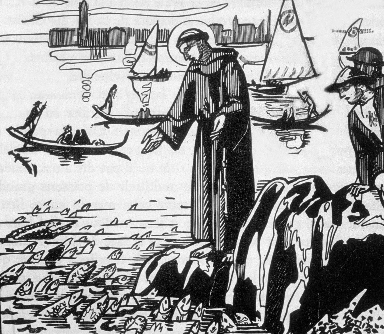 San Francisco de Asís predicando a los peces en Rímini, grabado por Jacques Beltrand a partir de un dibujo de Maurice Denis. de Maurice (after) Denis