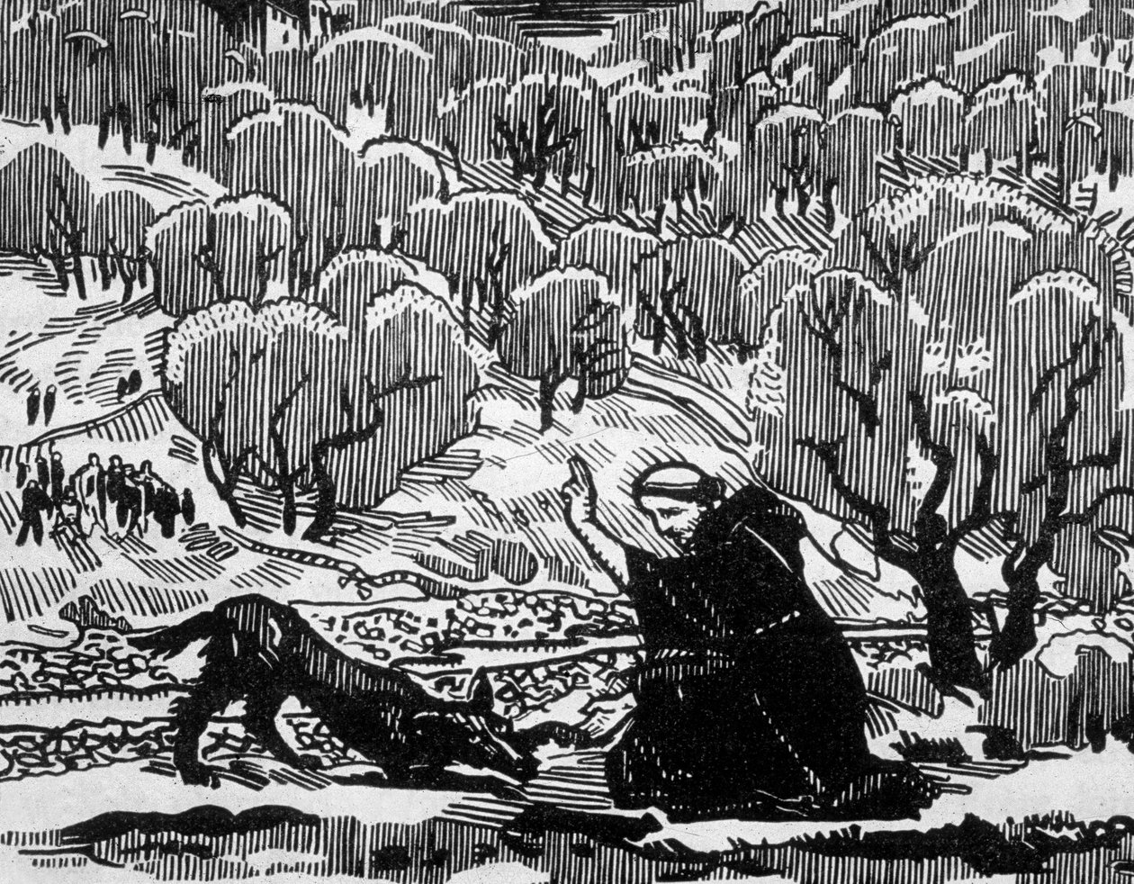 Conversión de San Francisco de Asís del lobo de Agubbio, grabado por Jacques Beltrand según dibujo de Maurice Denis. de Maurice (after) Denis
