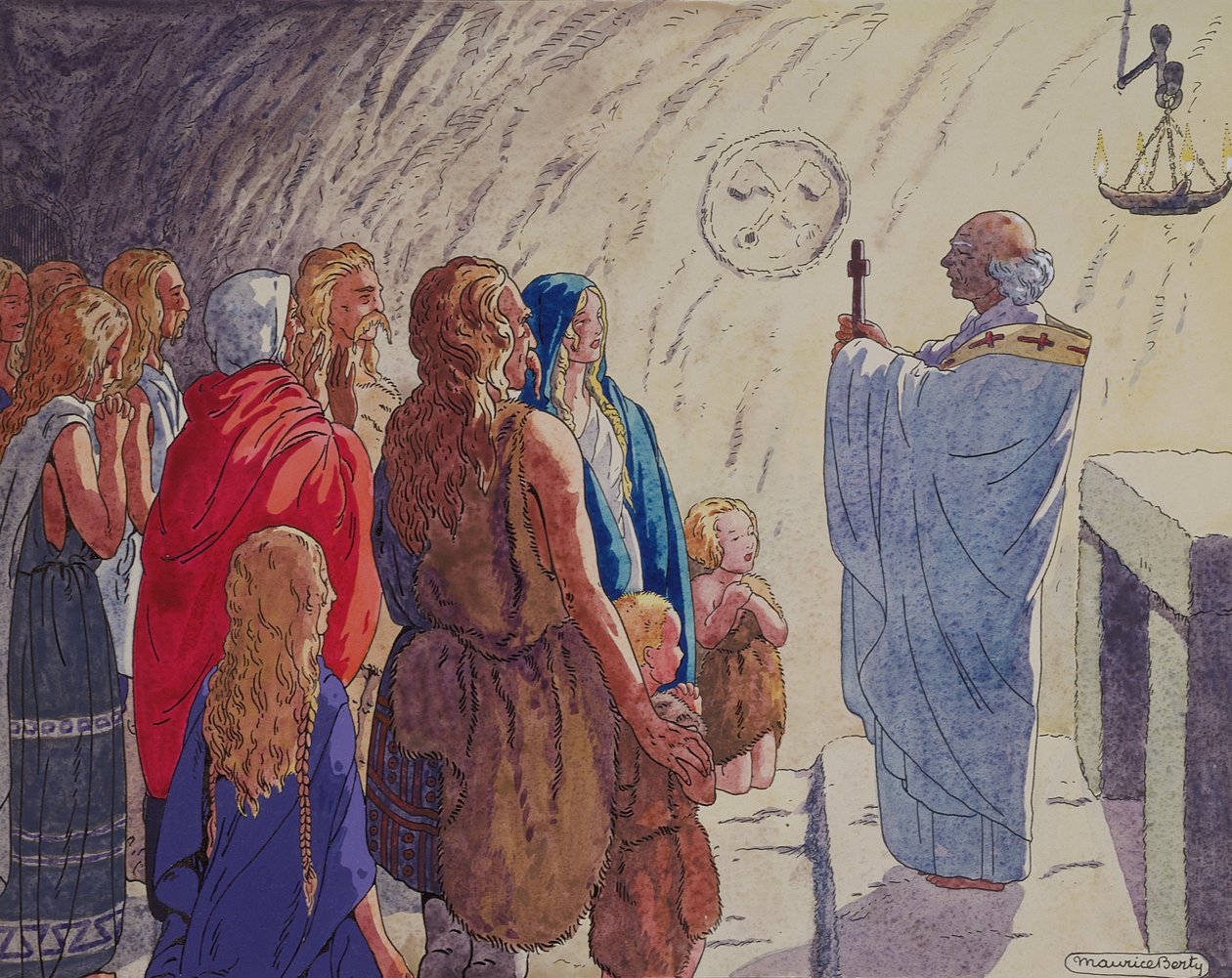 Conversión religiosa de los galos, c.1920-29 (pluma y tinta y acuarela sobre papel) de Maurice Berty