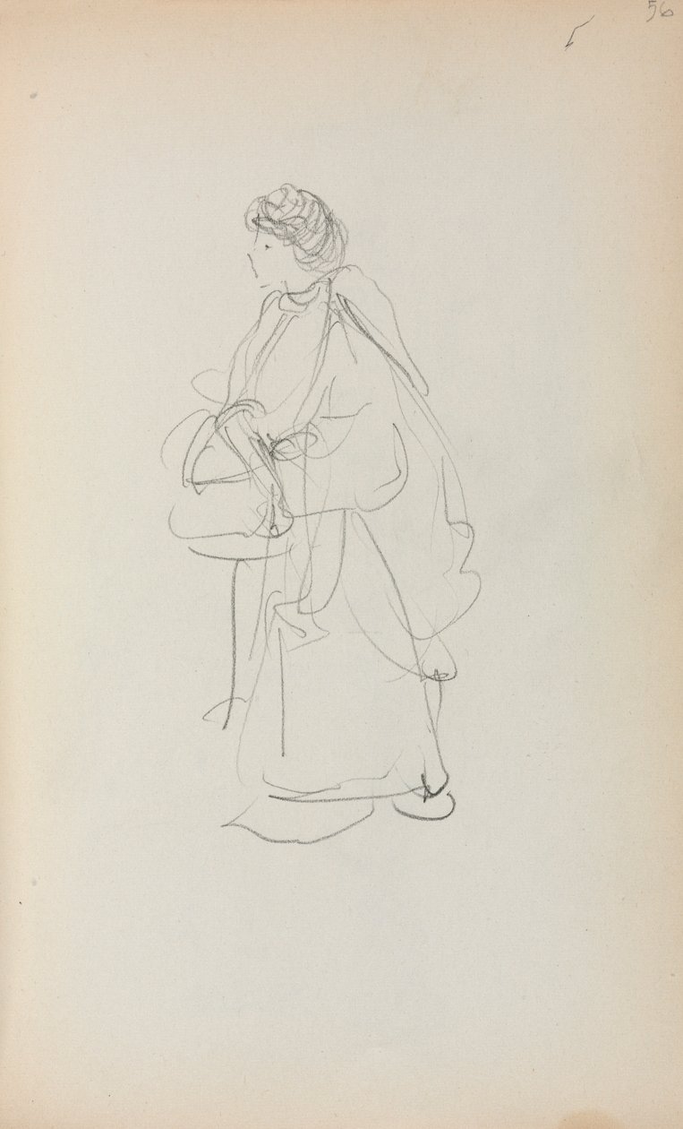 Cuaderno de bocetos italiano: Mujer de pie sosteniendo un bolso página 56, 1898-1899 de Maurice Brazil Prendergast