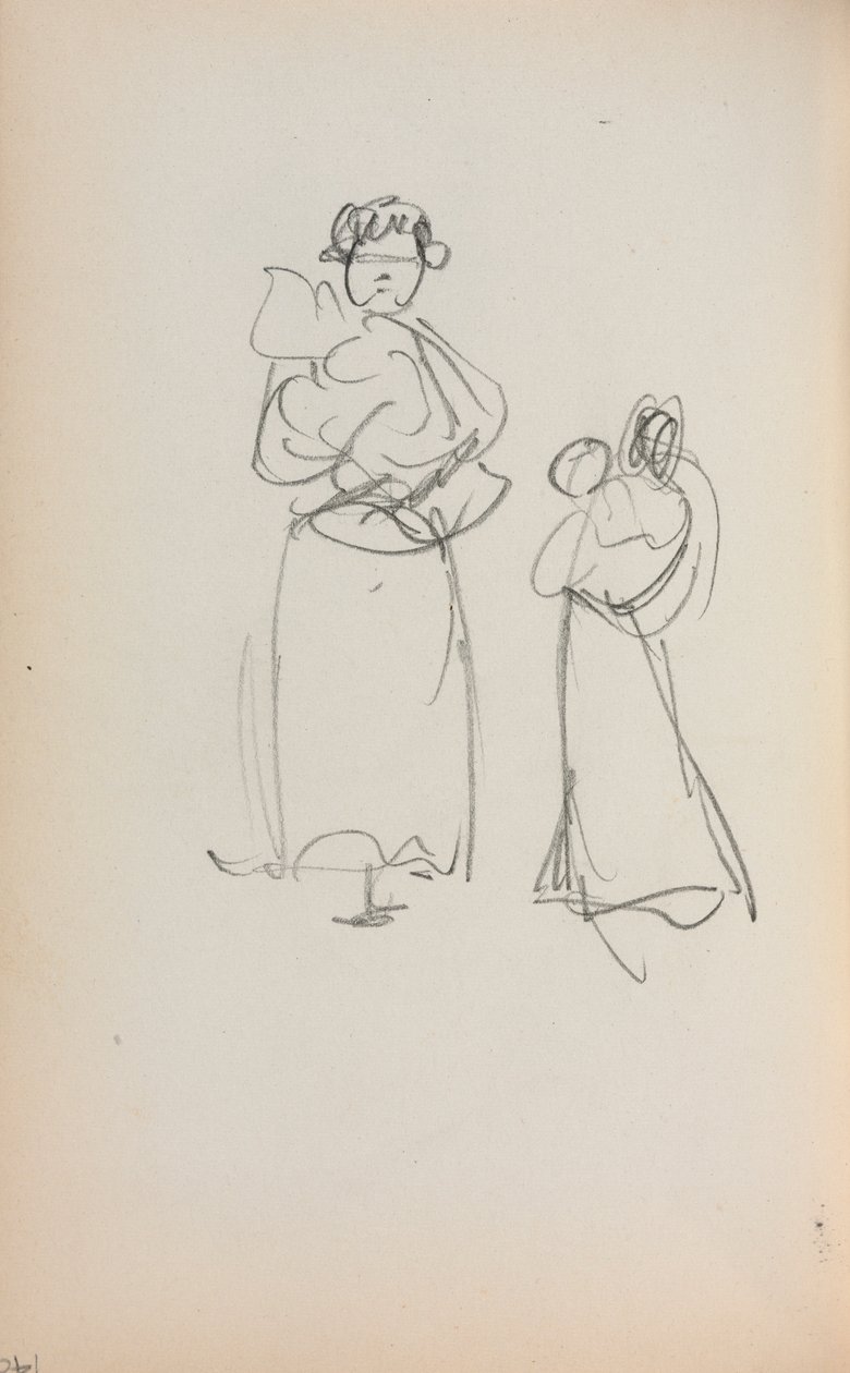 Cuaderno de bocetos italiano: Dos mujeres de pie sosteniendo infantes página 140, 1898-1899 de Maurice Brazil Prendergast
