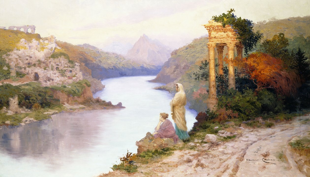 Figuras junto a un río con ruinas clásicas de Maurice Chabas