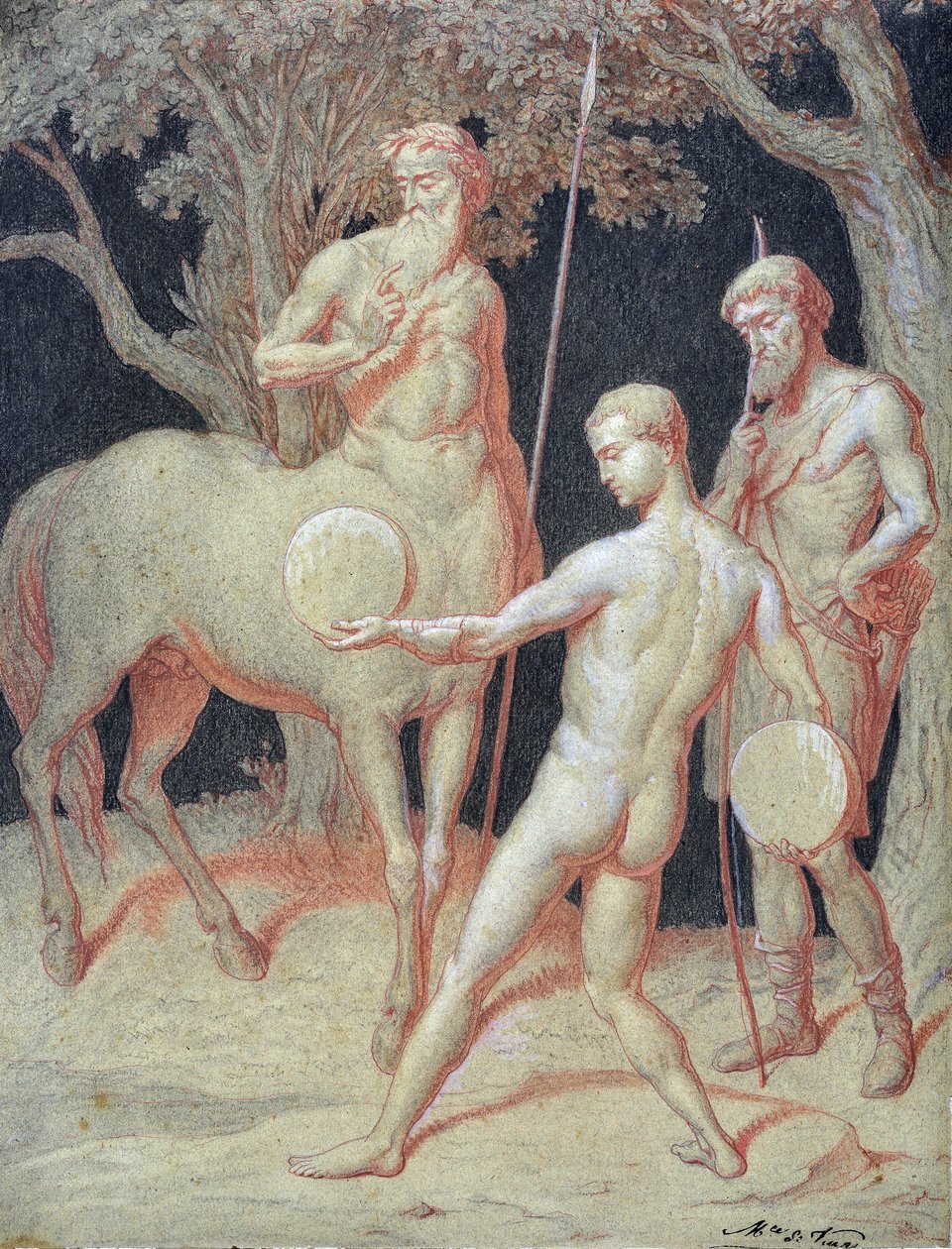 Educación de Hércules por el centauro Quirón (dibujo) de Maurice De Vaines