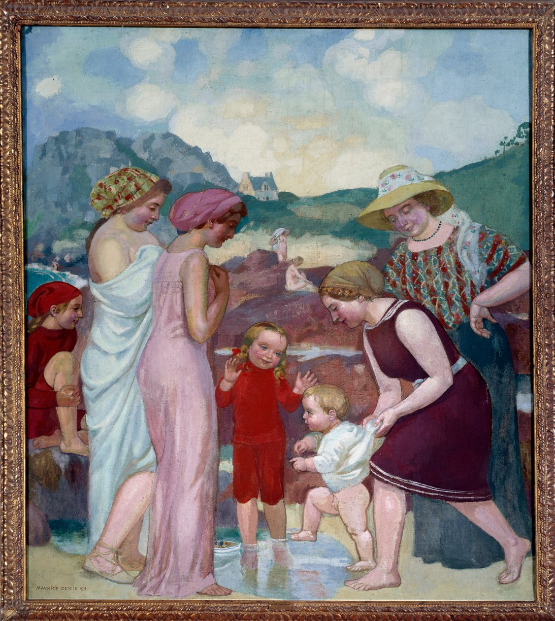 Los primeros pasos. Un niño pequeño da sus primeros pasos frente a su madre y familia de Maurice Denis