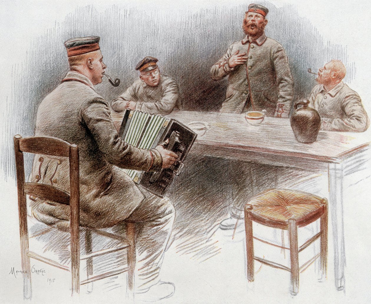 Prisioneros tocando el acordeón y cantando en el campo de prisioneros de Dinan de Maurice Henri Orange