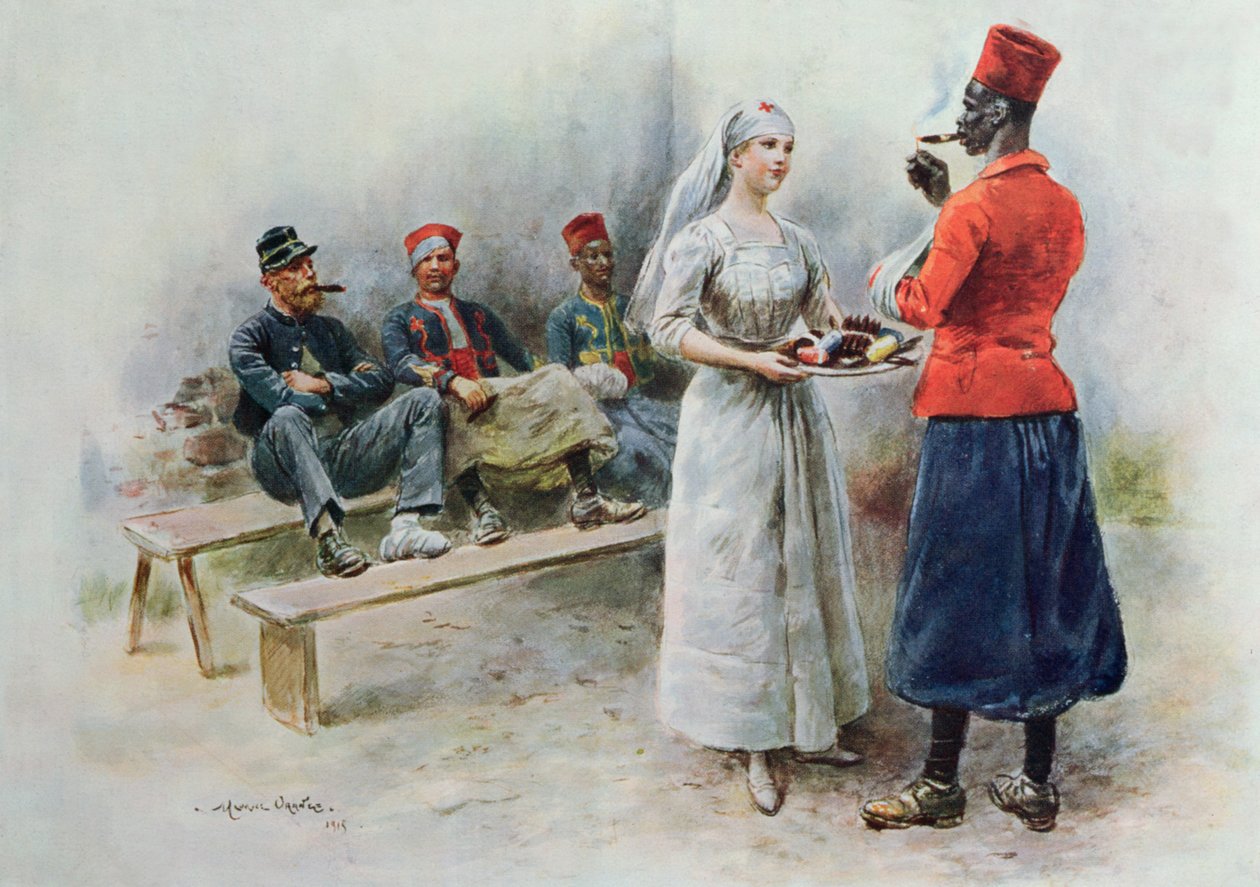 La enfermera favorita con zuavos y soldados durante la Primera Guerra Mundial, 1915 de Maurice Henri Orange