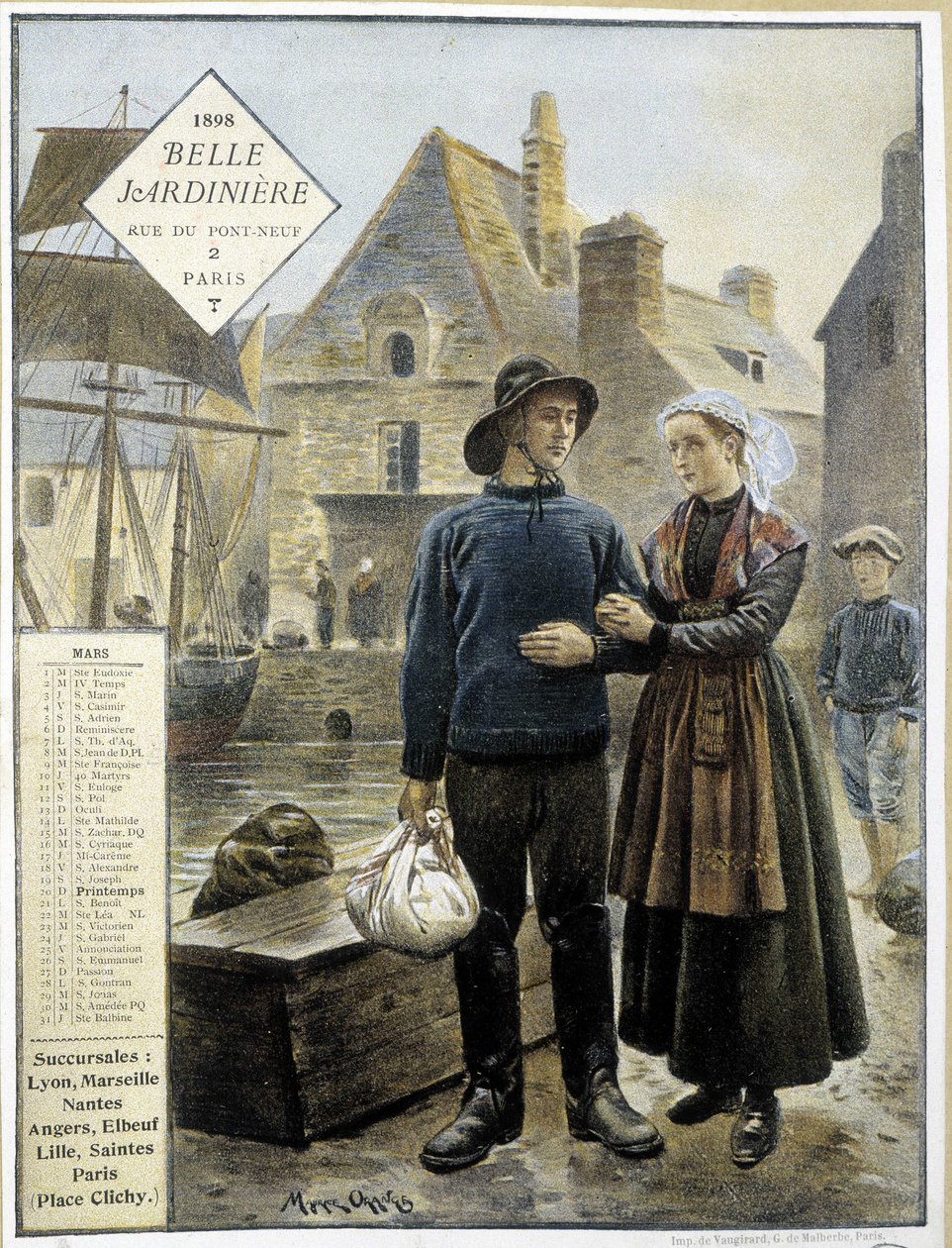 La partida de los pescadores bretones hacia Terranova - calendario de tienda "La Belle Jardinière" de Maurice Henri Orange