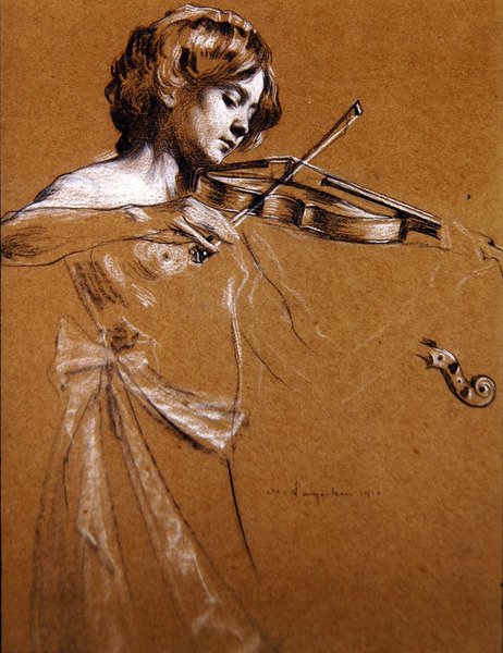 Joven tocando un violín con los pechos desnudos de Maurice Langaskens