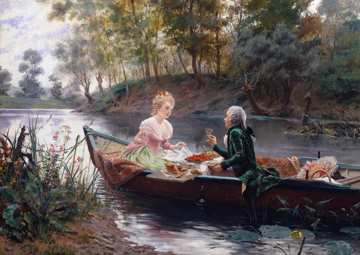 Un almuerzo romántico (óleo en panel) de Maurice Leloir