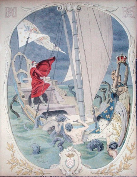Armand-Jean du Plessis, Cardenal Richelieu, representado como protector de la lealtad a la Corona Francesa, ilustración de una vida de Richelieu por Theodore Camu de Maurice Leloir