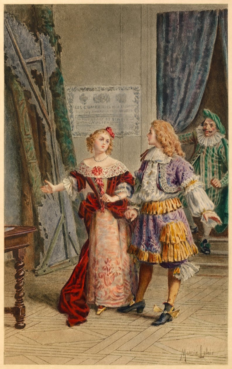Entre bastidores de Scapin, Armande, Baron y Moliere (ilustración) de Maurice Leloir