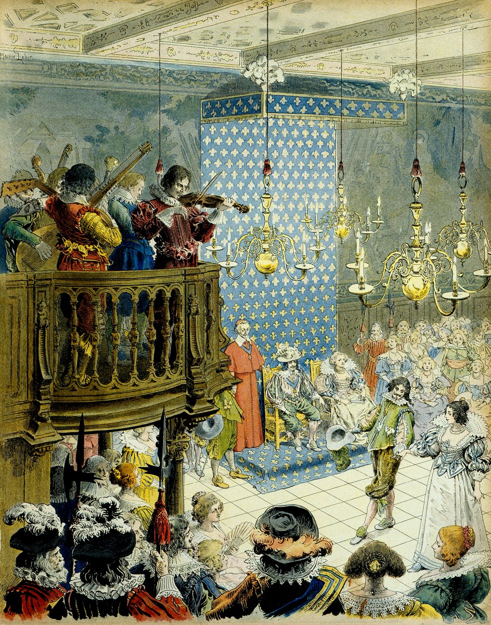 Historia de Francia: Un baile en la corte del Rey Luis XIII (1601-1643) con la Reina María de Médicis (1575-1642) y el Cardenal Richelieu (Armand Jean du Plessis) de Maurice Leloir