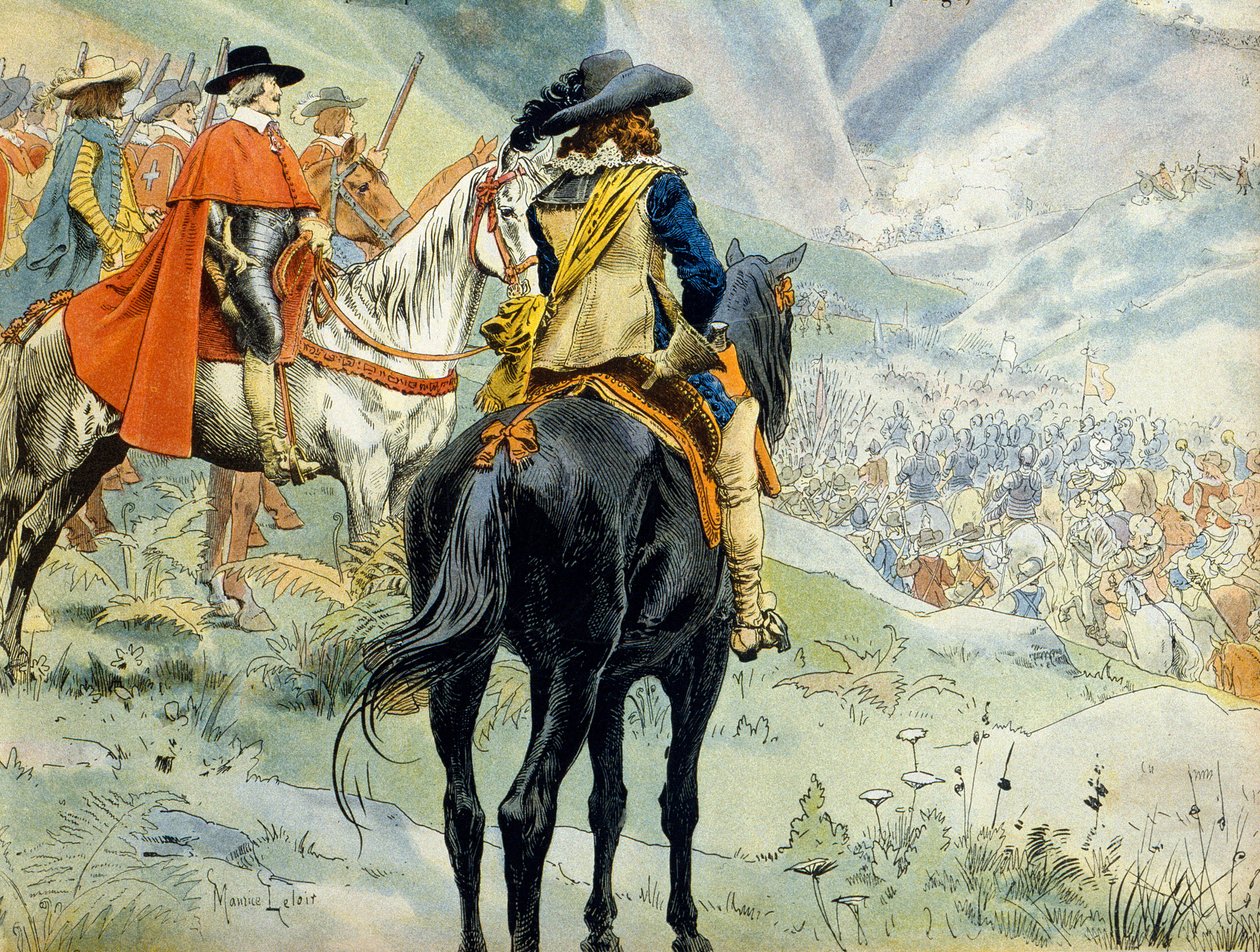 Historia de Francia: Guerra de la Sucesión de Mantua (1628-1631) durante la Guerra de los Treinta Años. La batalla del Paso de Suze (Susa) representando al Rey Luis XIII (1601-1643) y al Cardenal Richelieu (Armand Jean du Plessis) de Maurice Leloir