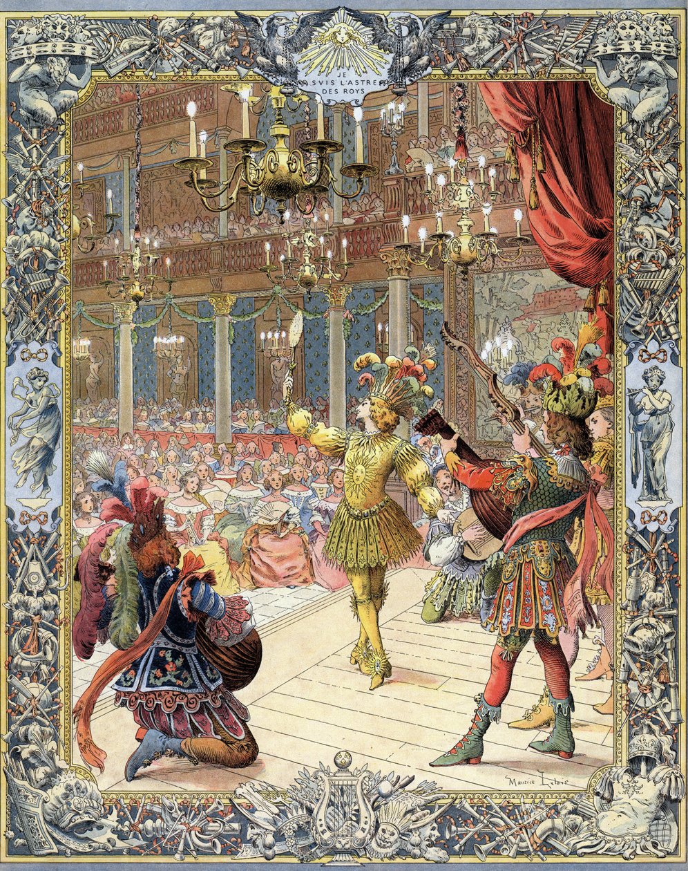 Luis XIV, participante en el "Ballet de la Nuit", libreto de Isaac de Benserade (1612-1691), con un traje de sol en el gran salón del Pequeño Borbón en París, 23 de febrero de Maurice Leloir