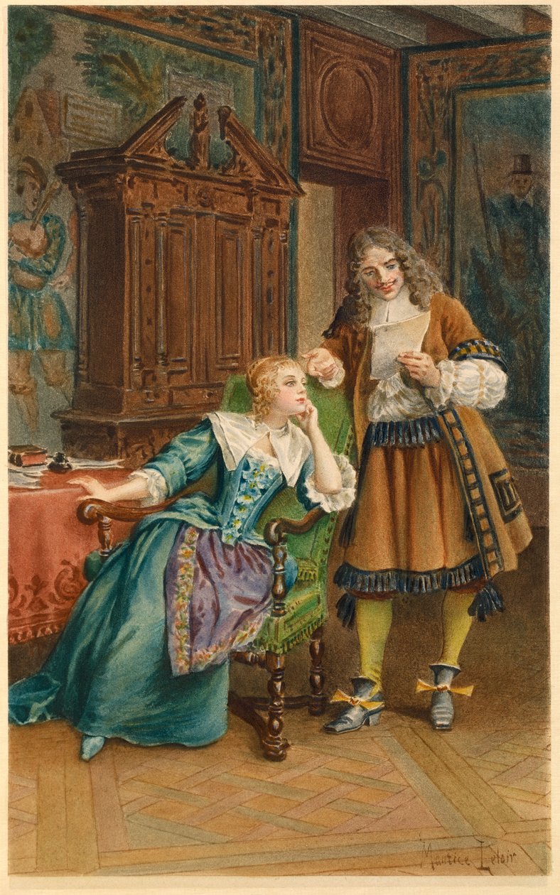 Moliere lee una nueva obra a Armande Bejart (ilustración) de Maurice Leloir