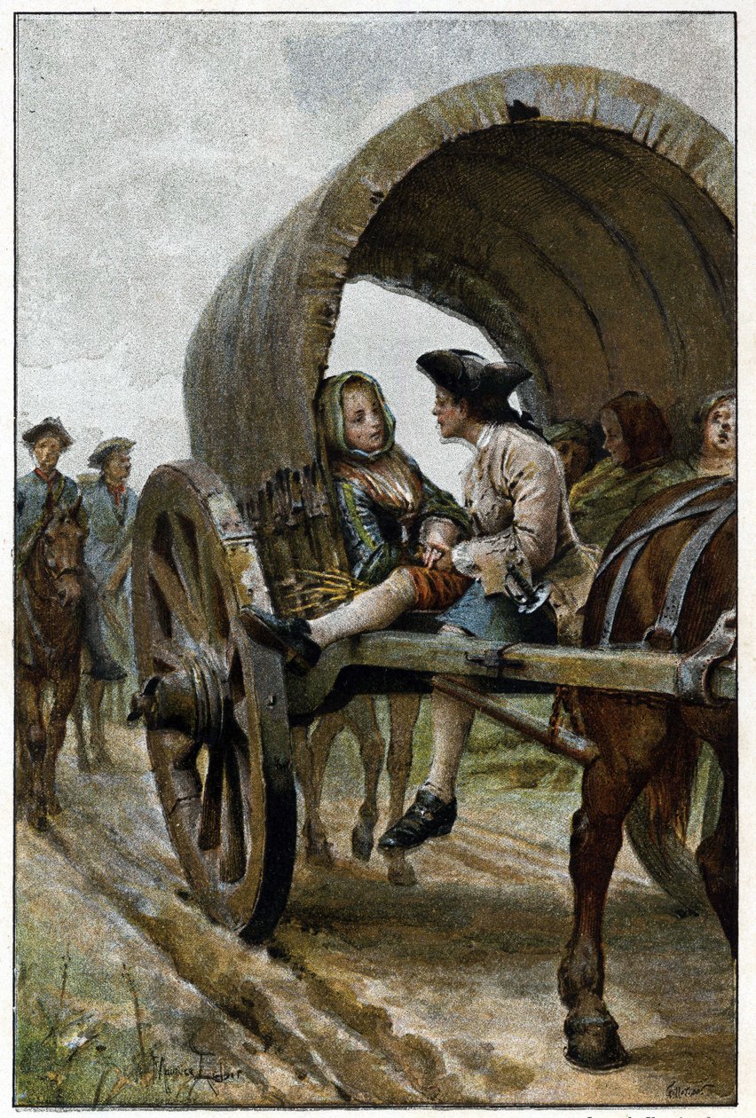 En el camino a Le Havre - en “Historia de Manon Lescaut y del caballero Des Grieux” por el abate Prévost (1697-1763), escritor francés. Grabado según dibujos de Maurice Leloir (1885) de Maurice Leloir