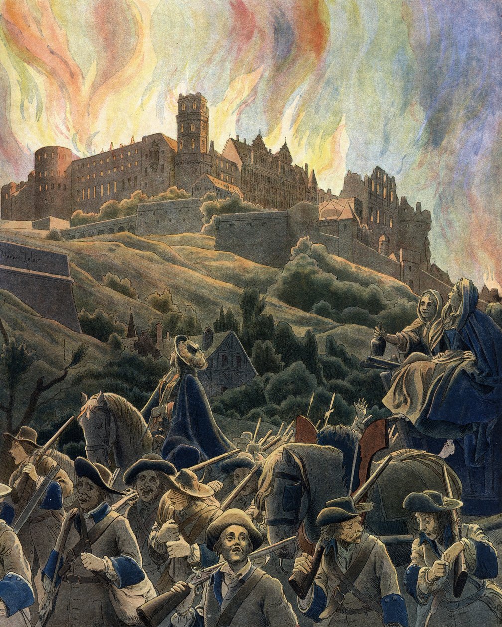 El incendio del castillo de Heidelberg bombardeado por las fuerzas francesas del General Ezechiel du Mas, Conde de Melac (1630-1704) durante la Guerra de la Liga de Augsburgo en 1689 y 1693. Cromotipografía en “Le Roy Soleil” (Luis XIV) por Gustave Toutwel de Maurice Leloir