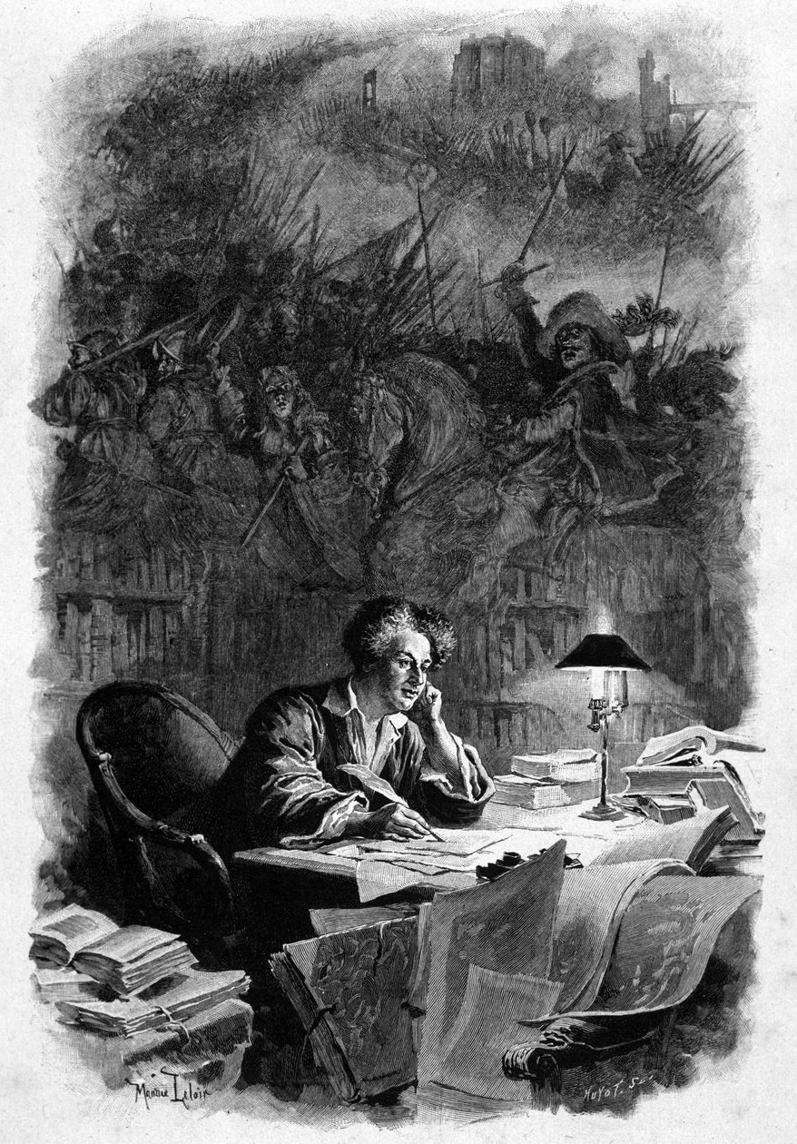 El escritor francés Alexandre Dumas (1802-1870) tenía su oficina escribiendo “Los Tres Mosqueteros” a principios de la década de 1840. Ilustración de Maurice Leloir (1851-1940). Derechos reservados de Maurice Leloir