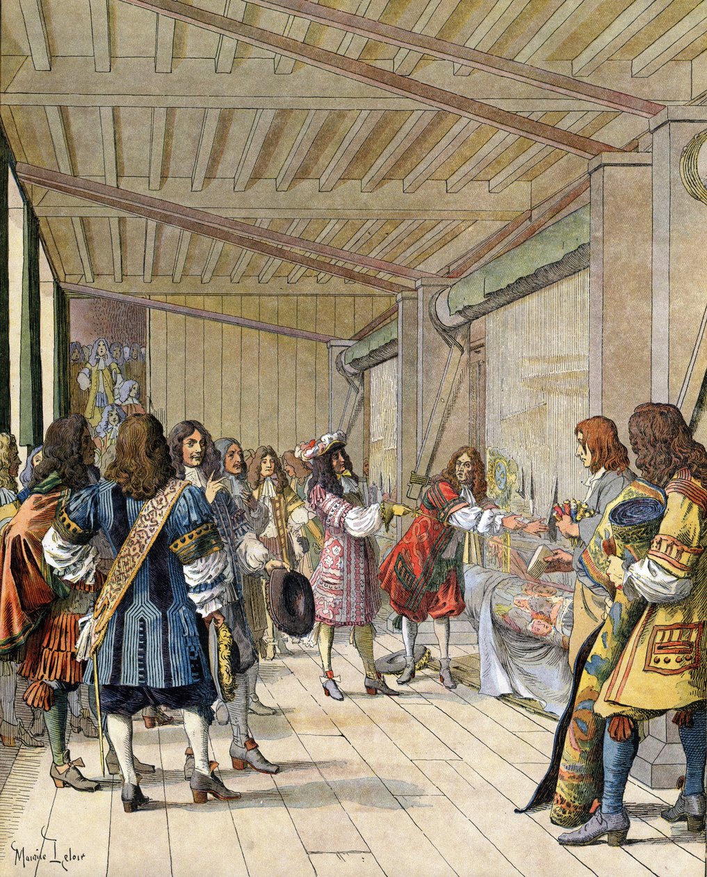 El pintor Charles Lebrun (Le Brun) (1619-1690), director de la manufactura, explicando a Luis XIV, conocido como el Rey Sol de Maurice Leloir