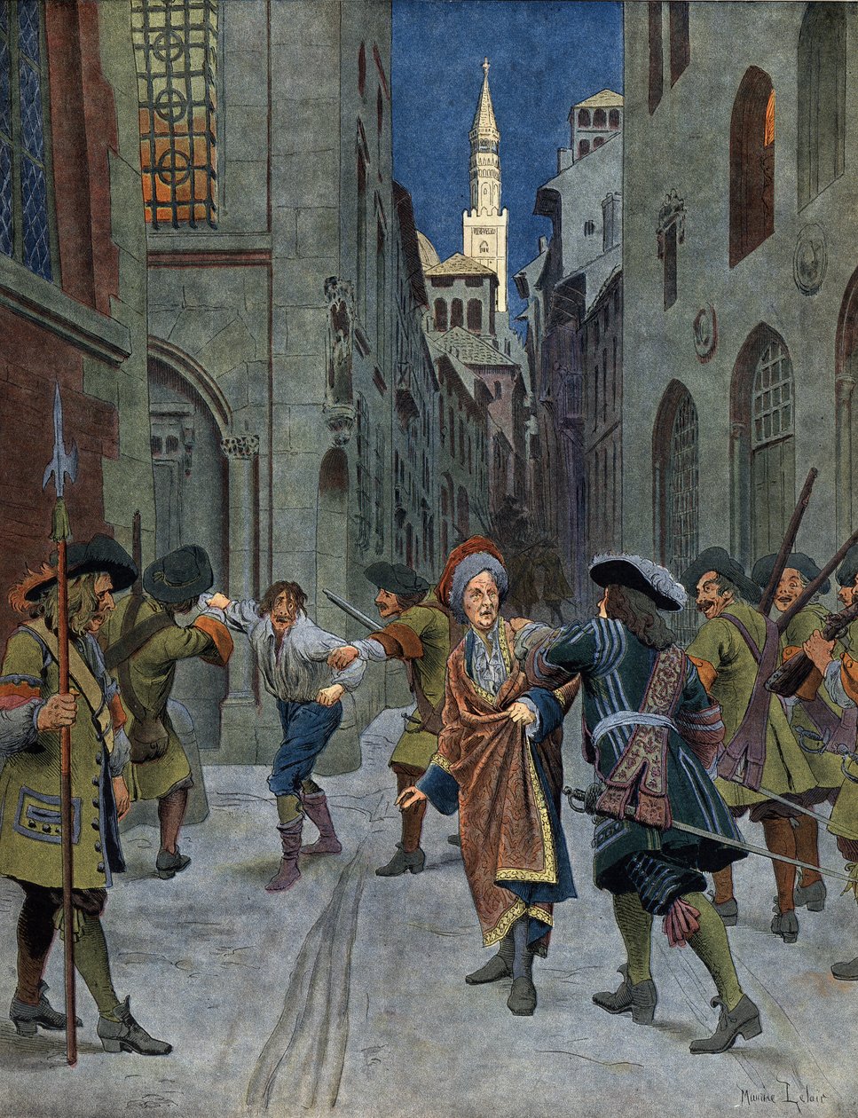Guerra de Sucesión Española: La captura de François de Neufville de Villeroy (1644-1730) durante la captura de Cremona por las tropas del Príncipe Eugenio (Eugenio Francisco de Saboya (1663-1736), en 1702. Cromotipografía en "Le Roy Soleil" de Maurice Leloir