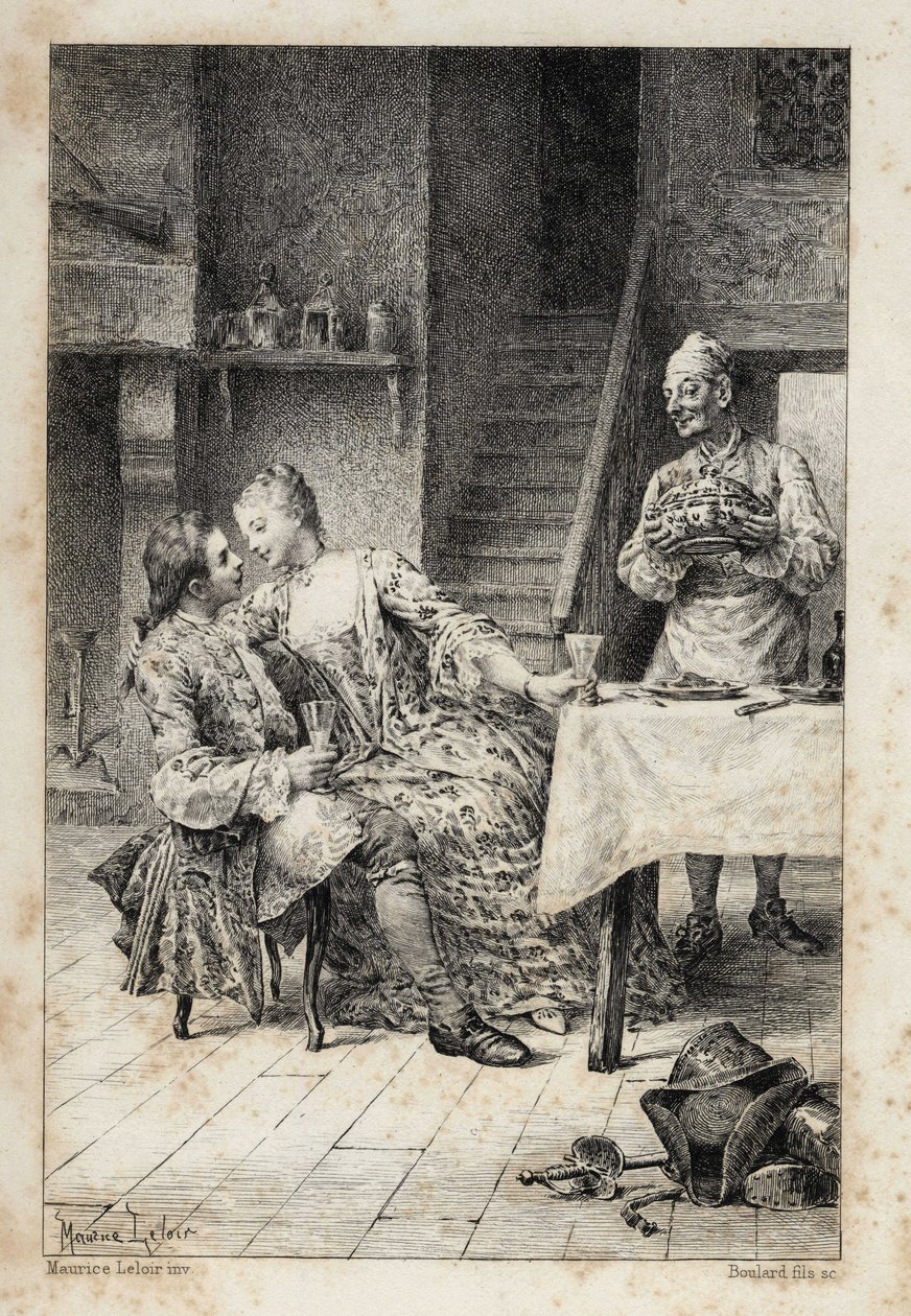 En “Historia de Manon Lescaut y del caballero Des Grieux” por el abate Prévost (1697-1763), escritor francés. Grabado según dibujos de Maurice Leloir (1885) de Maurice Leloir