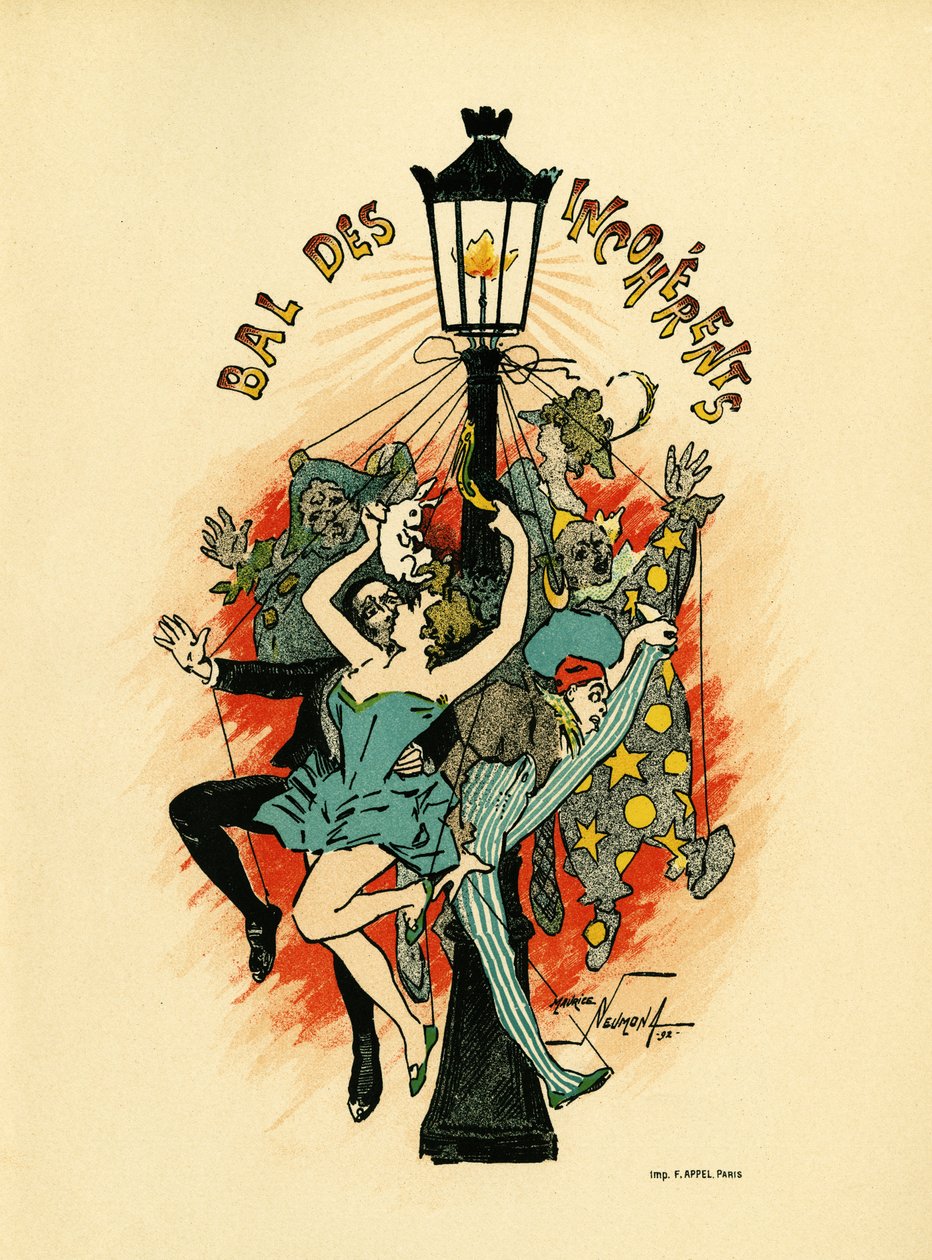 Cartel para el bal des incoherents, bal organizado entre 1885 y 1896 en París en el marco del movimiento artístico lanzado por Jules Levy en 1882, les arts incoherents, Ilustración en litografía de Maurice Neumont (1868-1930), en Les Programmes illustres de Maurice Louis Henri Neumont