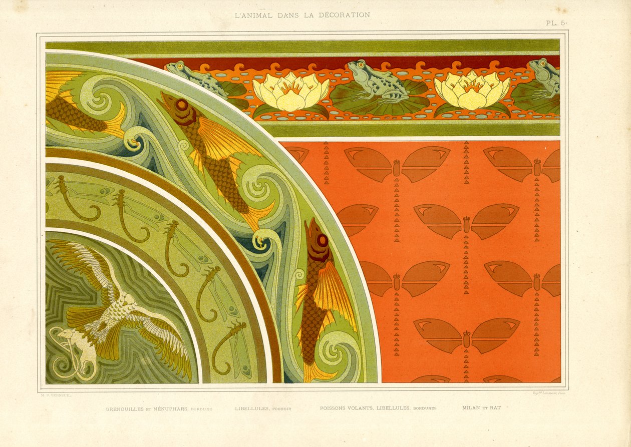 Ornamentación acuática con libélulas, ranas y mariposas (litografía) de Maurice Pillard Verneuil