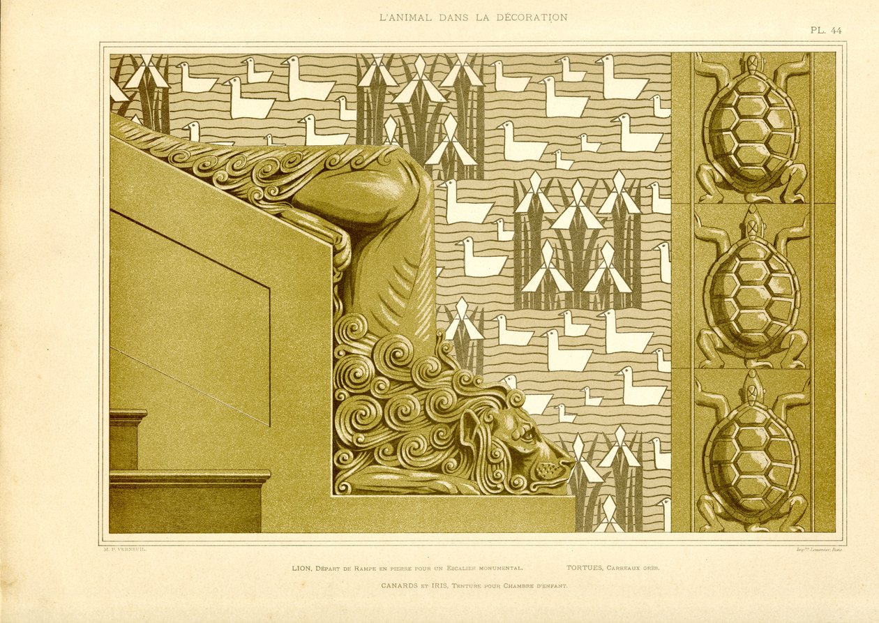 Decoración arquitectónica con cabeza de león, patos y tortugas (litografía) de Maurice Pillard Verneuil