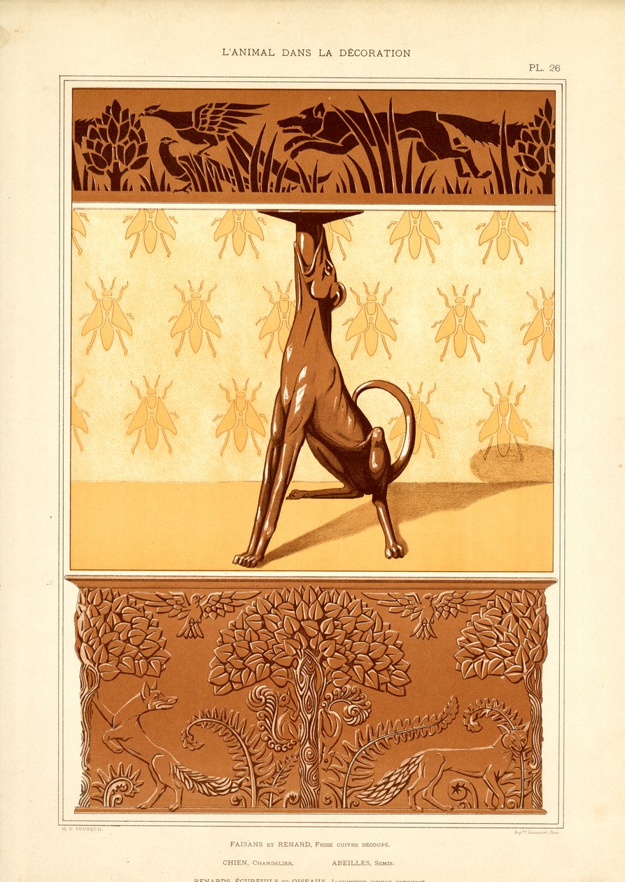 Art Nouveau Motivos animales: perro, faisán y abejas (litografía) de Maurice Pillard Verneuil