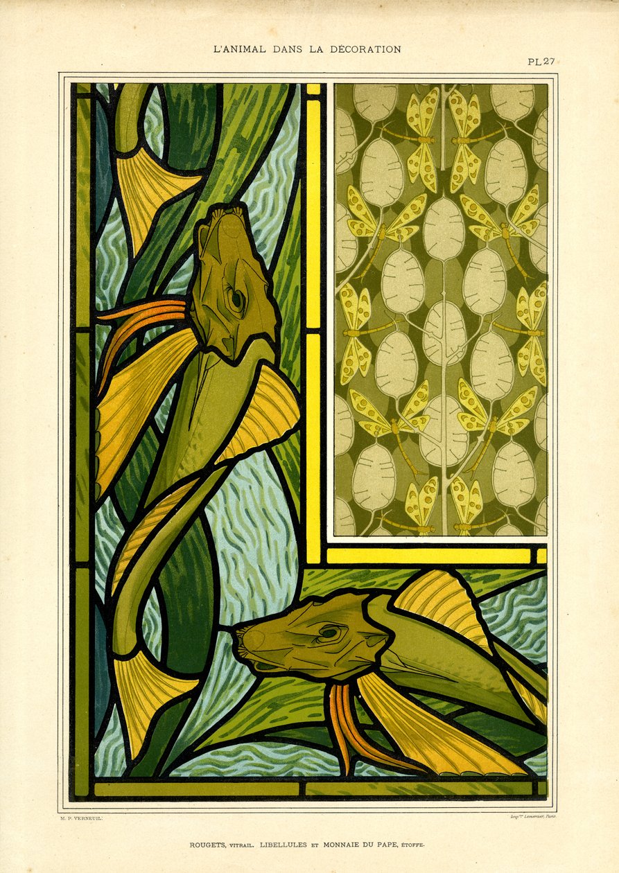 Composiciones Art Nouveau con peces y libélulas (litografía) de Maurice Pillard Verneuil