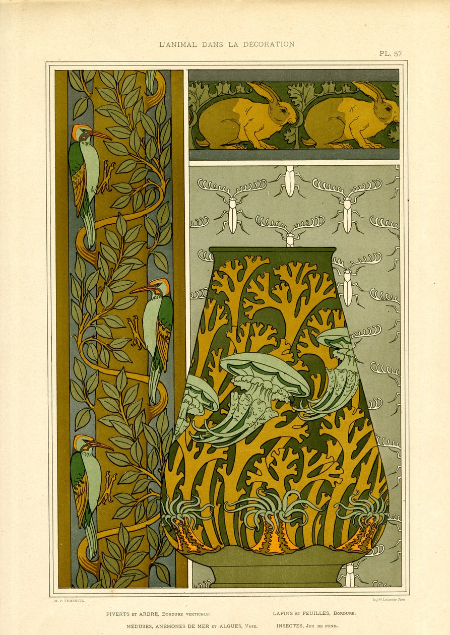 Art Nouveau Motivos de la naturaleza: aves, vida marina e insectos (litografía) de Maurice Pillard Verneuil