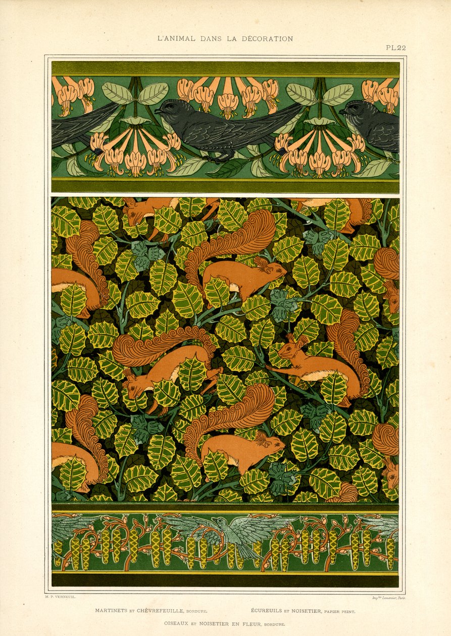 Ornamentación Art Nouveau con pájaros, ardillas y elementos florales (litografía) de Maurice Pillard Verneuil