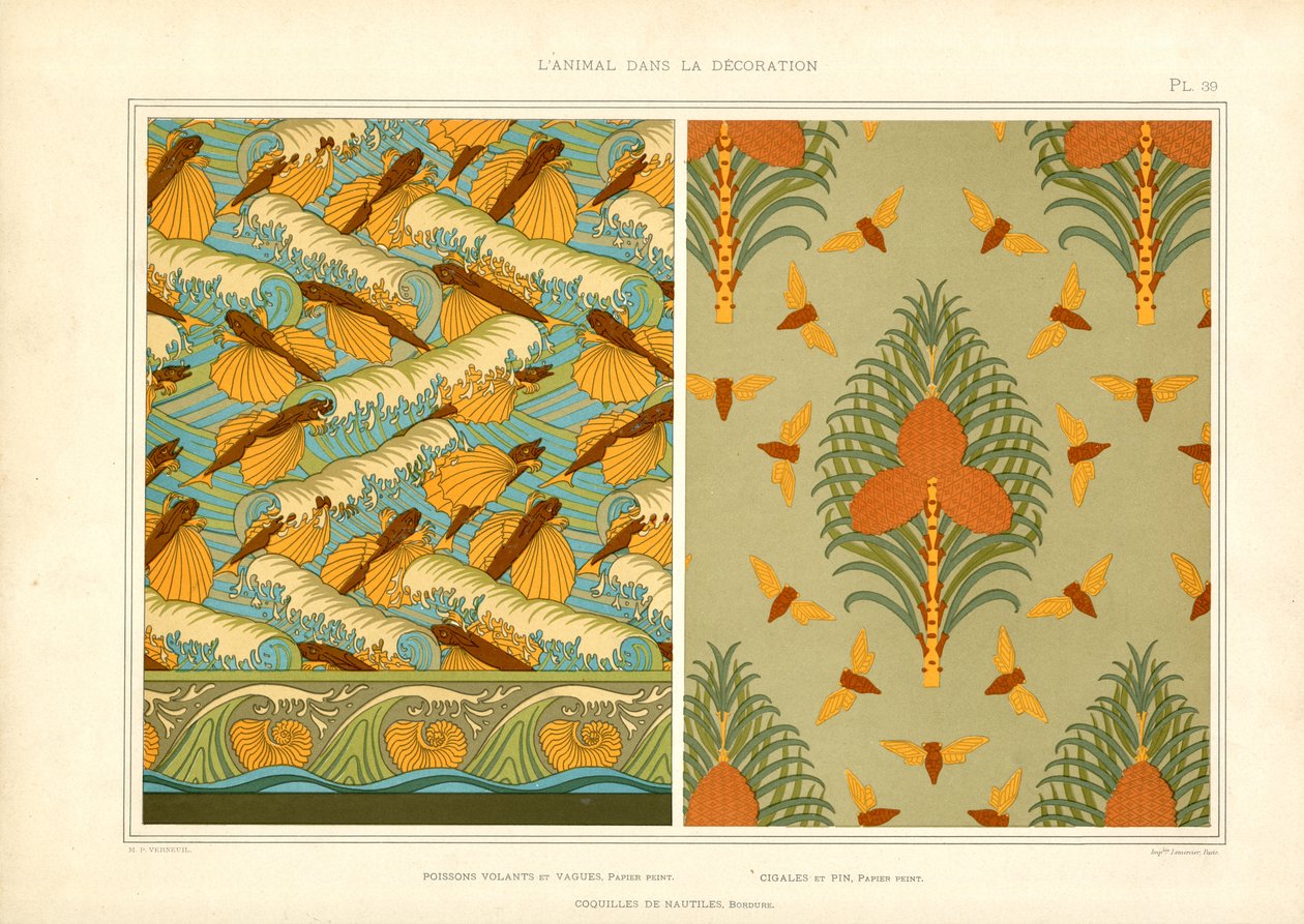 Papel pintado Art Nouveau con motivos de insectos y animales marinos (litografía) de Maurice Pillard Verneuil