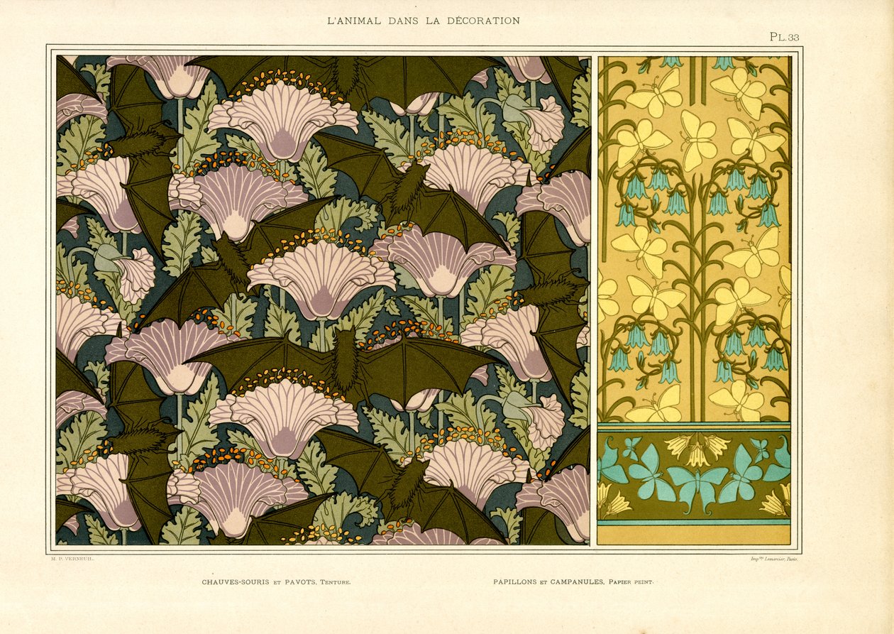 Patrones Art Nouveau de superficie con motivos de murciélagos y mariposas (litografía) de Maurice Pillard Verneuil