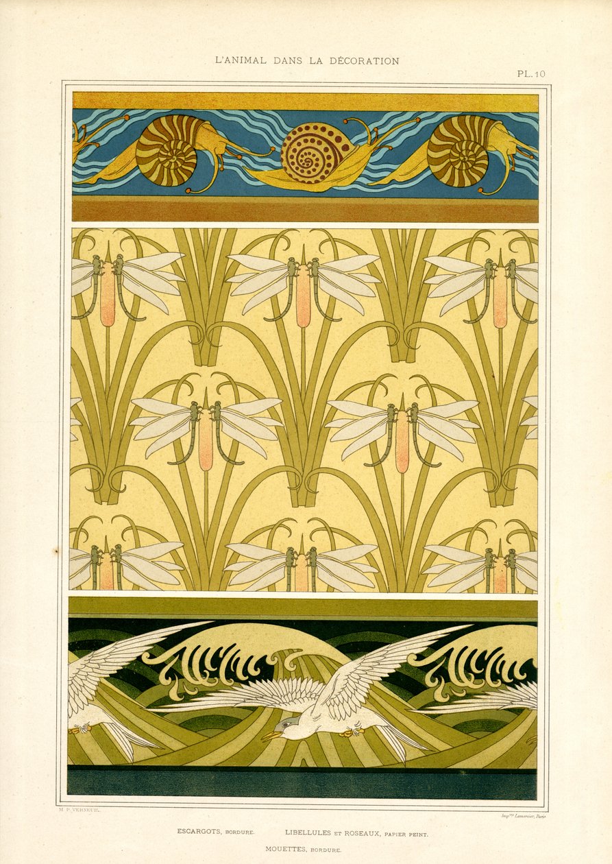 Bordes y motivos superficiales con animales marinos, libélulas y gaviotas (litografía) de Maurice Pillard Verneuil