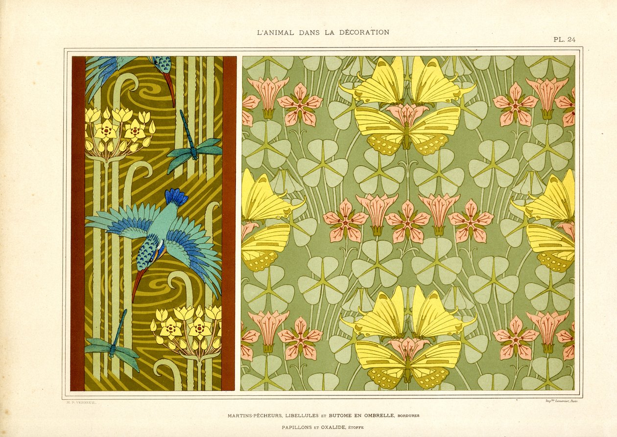 Mariposas y pájaros como ornamentación Art Nouveau (litografía) de Maurice Pillard Verneuil