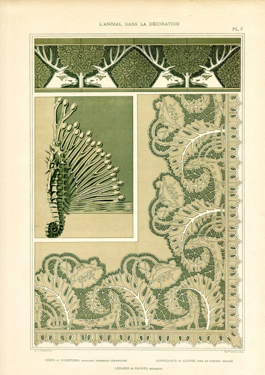 Adornos decorativos de animales con ciervos y criaturas marinas (litografía) de Maurice Pillard Verneuil