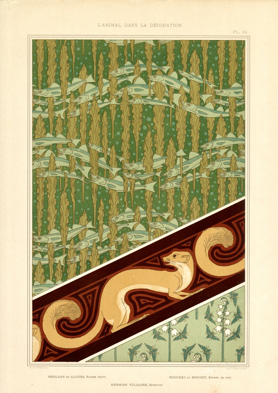 Motivos decorativos Art Nouveau con peces, armiño y lirio de los valles (litografía) de Maurice Pillard Verneuil