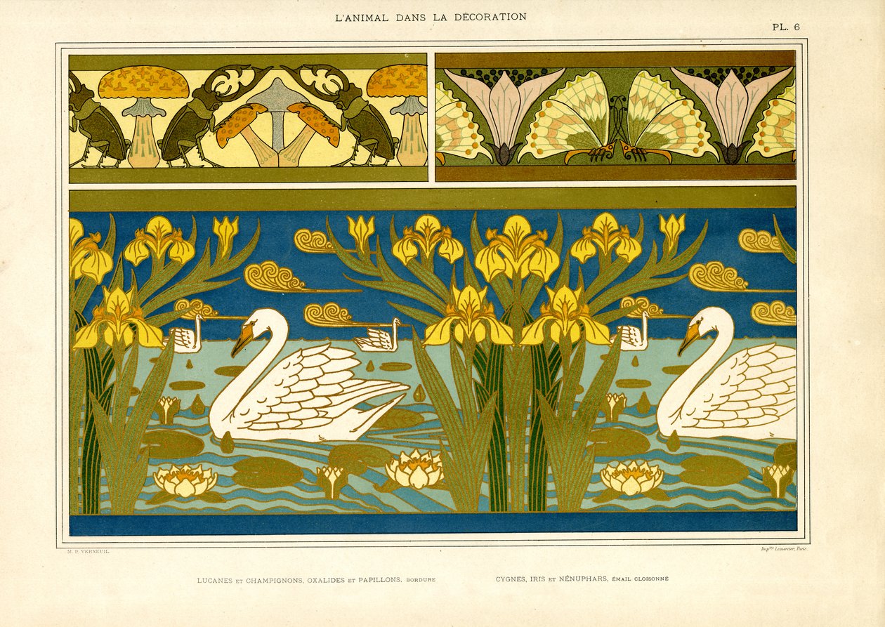 Bordes decorativos con cisnes, insectos e iris (litografía) de Maurice Pillard Verneuil