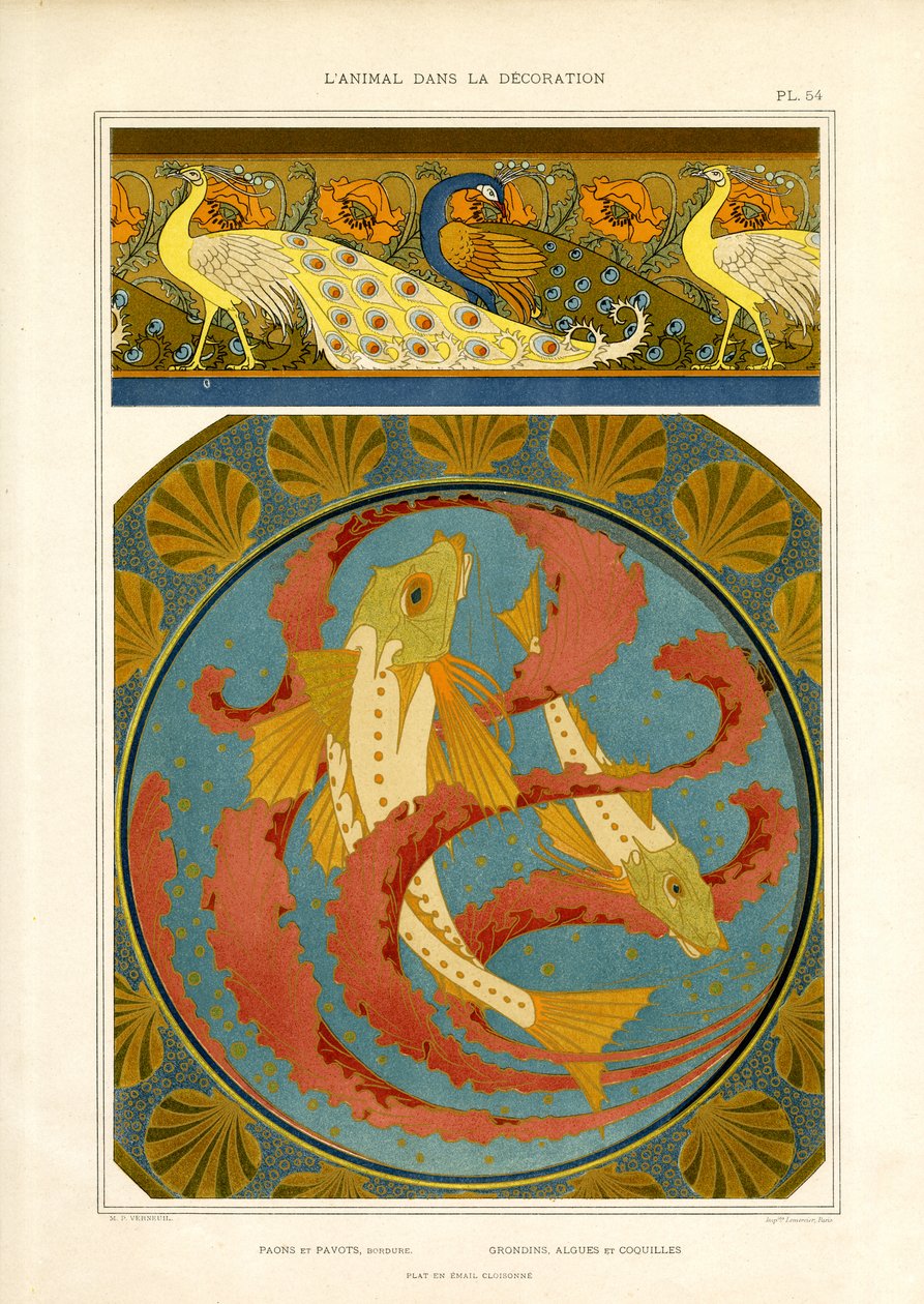 Cenefa decorativa de pez y pavo real en estilo cloisonné (litografía) de Maurice Pillard Verneuil