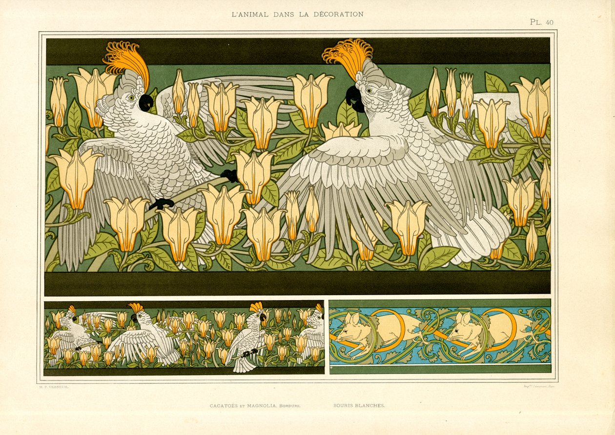 Frisos decorativos con cacatúas, magnolias y ratones (litografía) de Maurice Pillard Verneuil