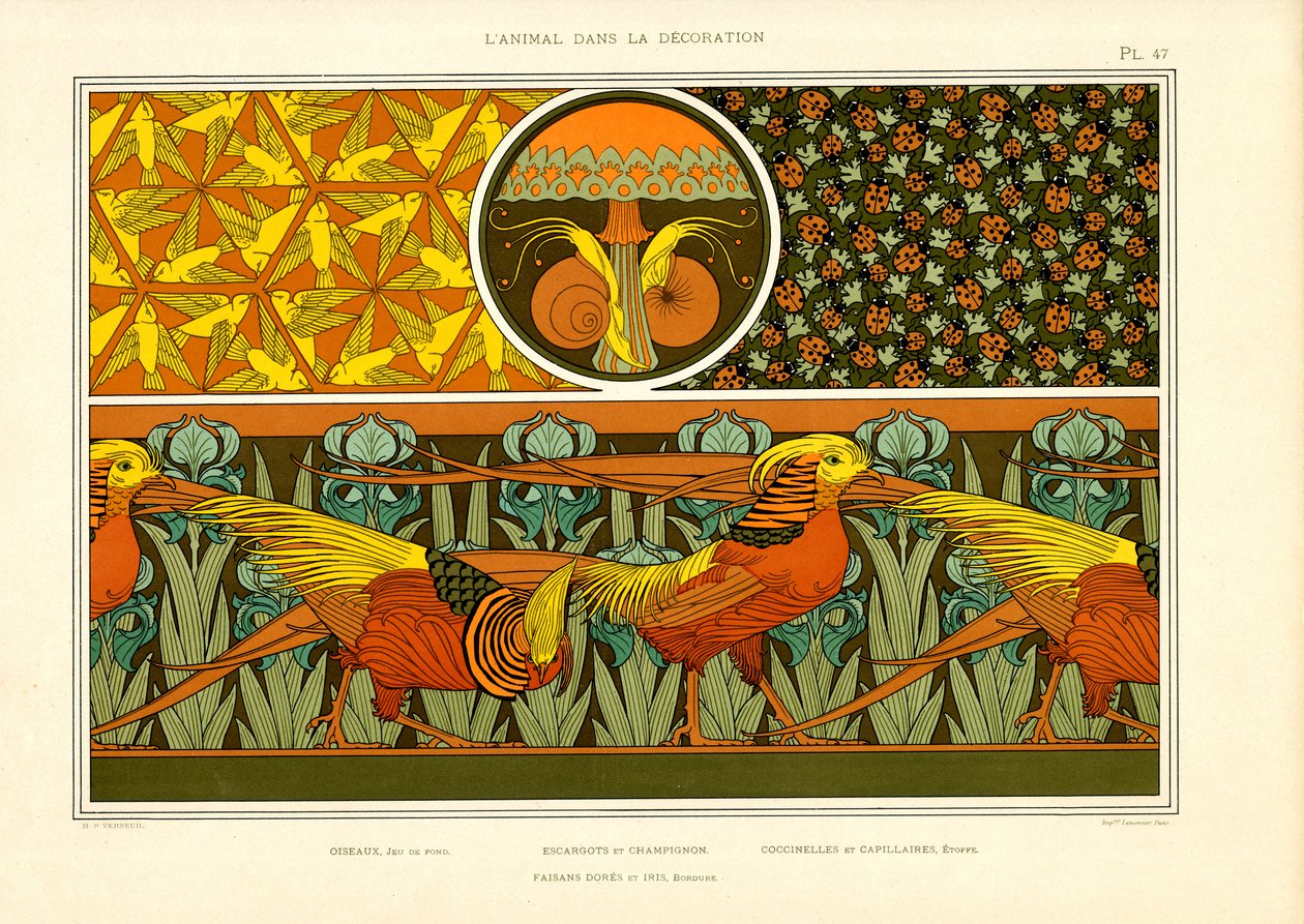 Patrones ornamentales decorativos con faisanes, pájaros y mariquitas (litografía) de Maurice Pillard Verneuil