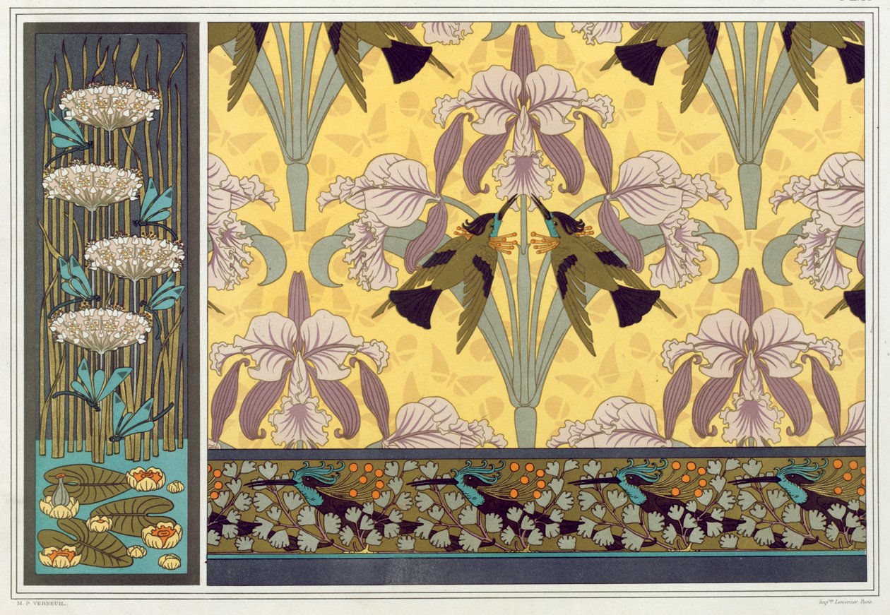 Diseño para cenefa de papel pintado, tela y panel: "Libélulas, nenúfares y arbustos en flor", "Pájaros zumbadores y orquídeas" y "Pájaros zumbadores y helechos de pelo de doncella" de "El animal en la decoración" de Maurice Pillard Verneuil, pub. 1897 (lit de Maurice Pillard Verneuil