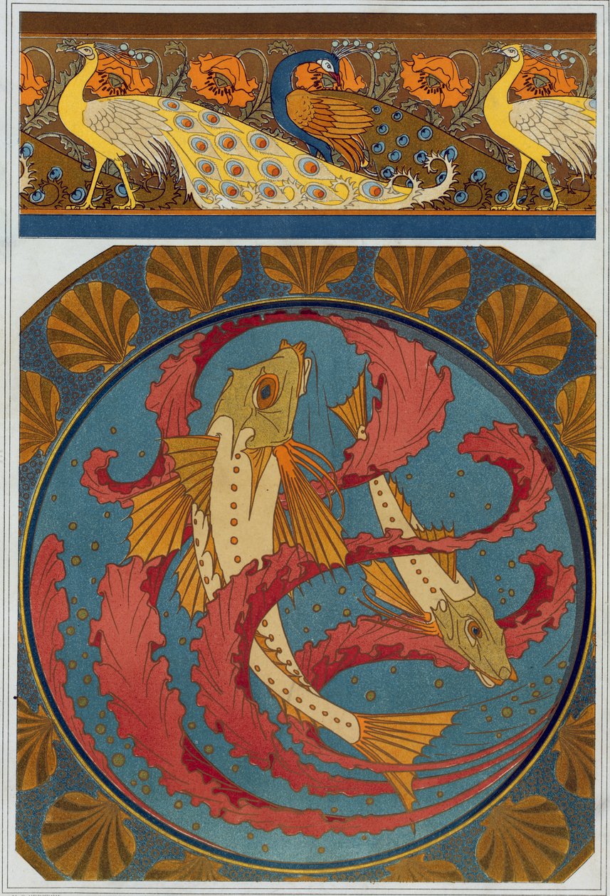 Diseños de cenefa de pavo real y amapola, y placa de esmalte con decoración de gurnas y algas con contorno de concha de vieira, de "L