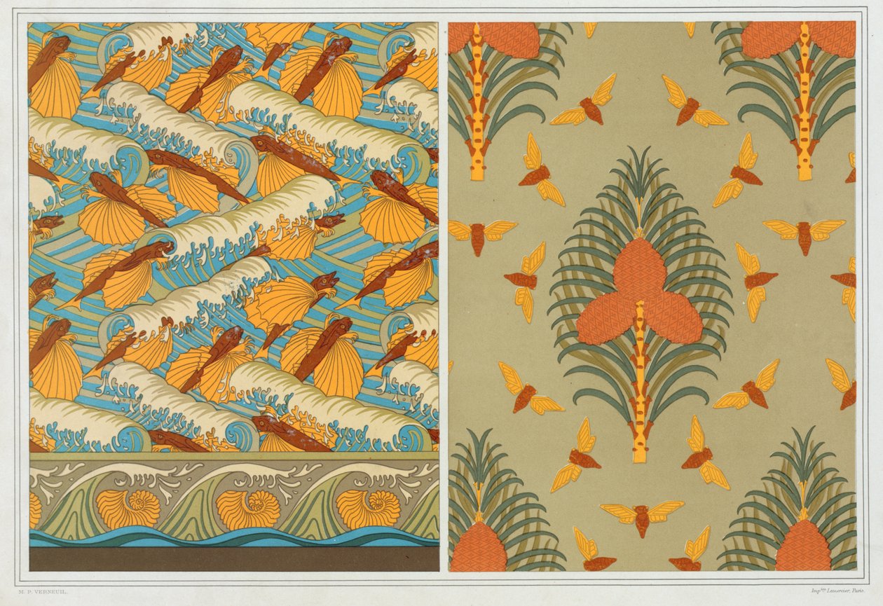 Diseños para papel tapiz Peces voladores y olas, pub. 1897 de Maurice Pillard Verneuil